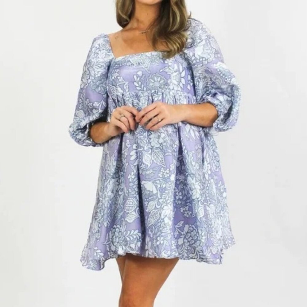 NEW Storia Emery Floral Babydoll Dress Size Small Shimmery Purple Regency Fairy